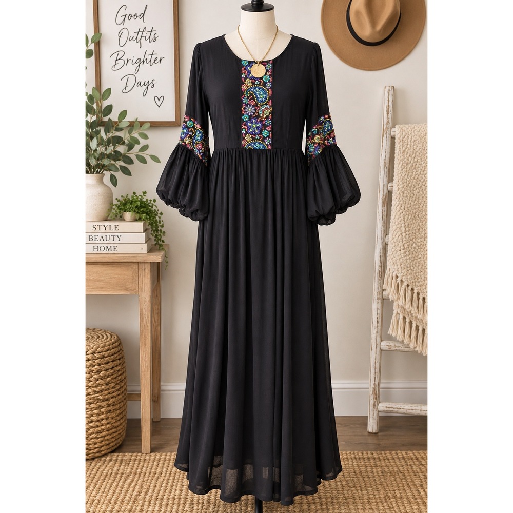 C'est Mon Jour Couture Black Embroidered Beaded Maxi Dress Bell Sleeve Boho